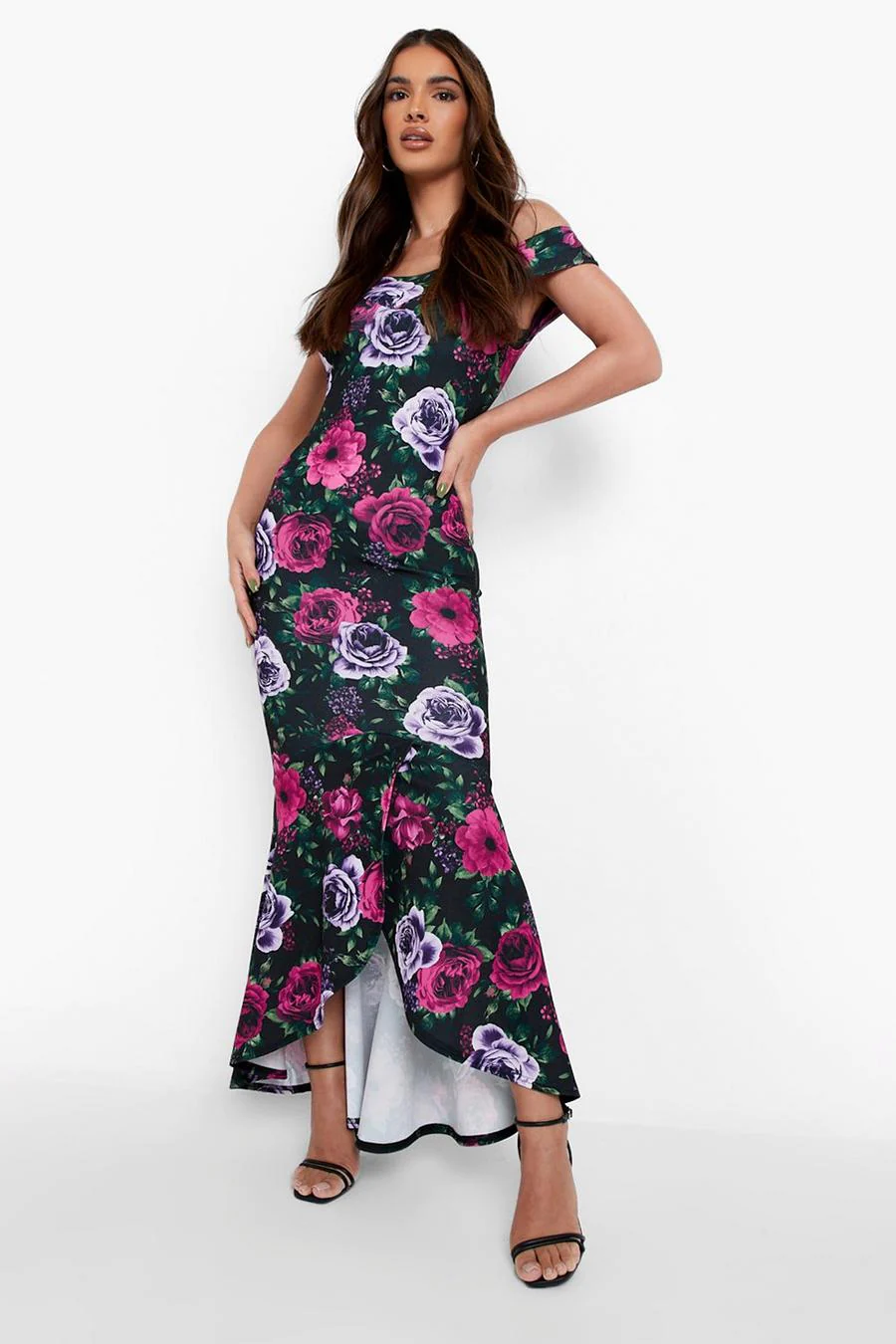 Floral Bardot Frill Hem Maxi Dress